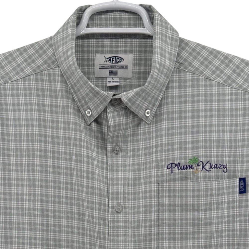 AFTCO Mens Grey Plaid Short Sleeve Fishing Shirt Plum Krazy Large RN 77697